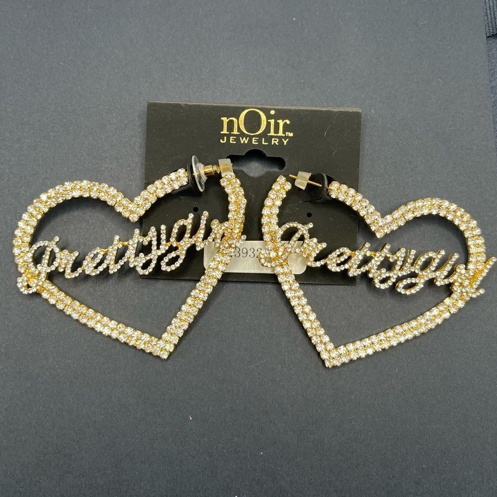 Noir Jewelry Rhinestone "pretty Girl" Heart Post Earrings. NWOT!